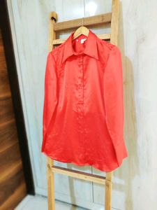 Red Partyware Satin Shirt Size-38- Length 29 Inch