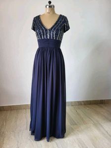 Navy Beaded V-Neck Gown
