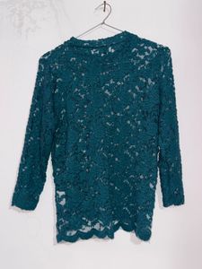 Elegant Teal Floral Lace Sheer Top