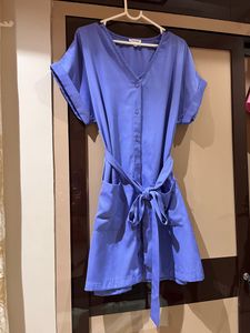 Blue V neck Front Knot Dress