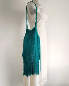 Zara Teal Crochet Fringe Coachella Bag