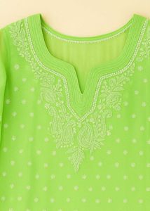 Lucknow Chikankari Handwork Embroidery Green Kurta