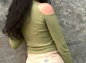 Green Ribbed Cut Out Top