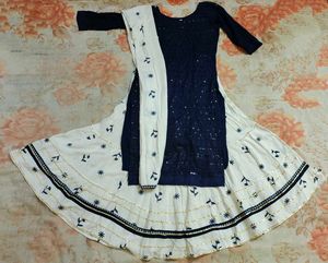 Navy & White Embroidered Kurta with Skirt & Dupatt