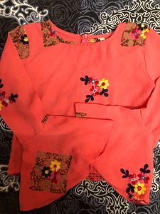 Pink Embroidered Belled Sleeves Top