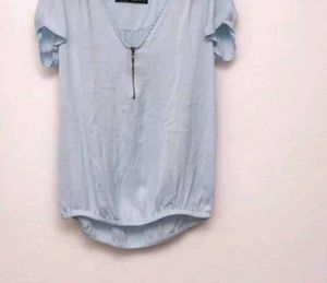 Zara sky blue blouse top front open zip
