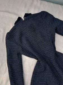 New Korean Puff Sleeves Navy Blue Dress