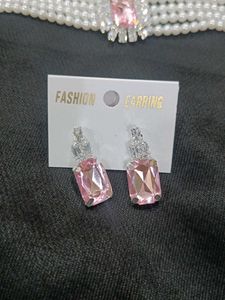 Pink Stone &amp; Pearl Necklace And Earrings Combo