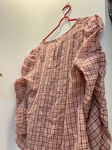 Pink Plaid Ruched Sleeve Top