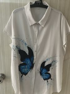 Women White And Blue Butterfly Top