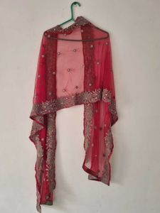 Red Heavy Embroided Net Duppata