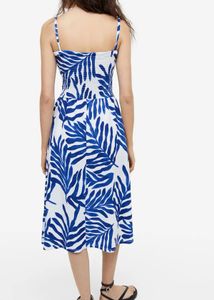 Blue &amp; White Tropical Smocked Midi Dress