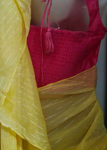 Yellow Ready To Wear Saree With Pink Blouse