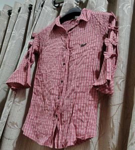 Pink Plaid Button-Up Blouse with Sleeve Detail