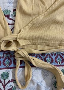 Yellow Ribbed Wrap Top