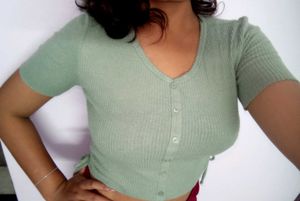 Green Ribbed Button Top