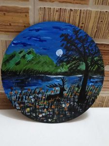 Handmade Landscape Painting with Reindeer on MDF