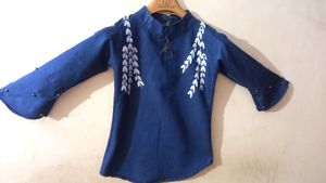 Denim Style Blue Top With U Shoulder Cut
