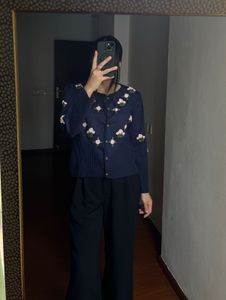 Vintage Navy Blue Embroidered Knit Cardigan
