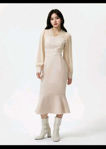 Elegant Beige Midi Dress with Ruffle Hem