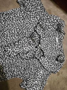 Pleated Ruffle Neck Animal Print Top