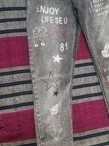 Graphic Printed Grey Denim Jeans