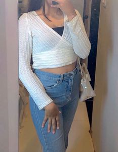 Surplice Neck Ribbed Knit Crop Top