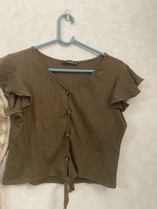 Shein -Olive Green Flutter Sleeve Top