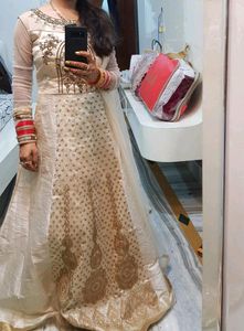 Off White Golden Art Silk Wedding Gown