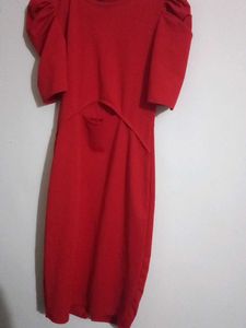 Red Puff Sleeve Cutout Dress