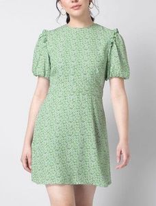Green Floral Puff Sleeve Dress