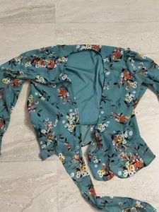Green Floral Print V Neck Wrap Top