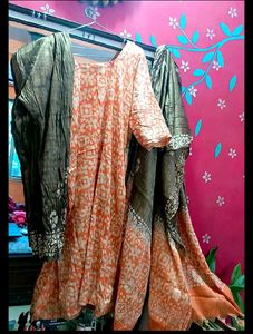 Elegant Coral &amp; Brown Kurti Pant Duppata Set