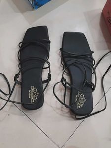 Black Lace Up Flat Sandals