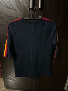 Navy Long Sleeve Tee with Striped Sleeves- S