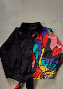Color Block Graphic Print Tie-Front Shirt