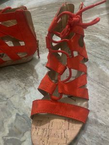 US Size 6 Orange Color Sandals & Black Wedges