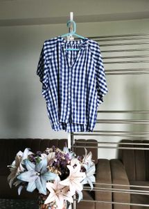 Blue Gingham V-Neck Blouse