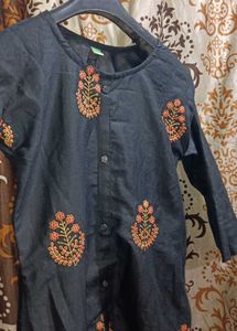 Black Cotton Kurti with Floral Embroidery