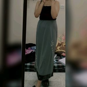 dOlive Green Long Skirt With Velvet Design