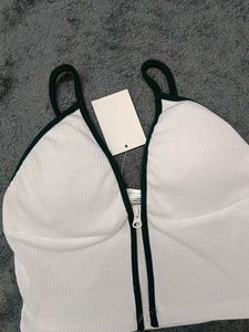 White Ribbed Zipper Crop Top