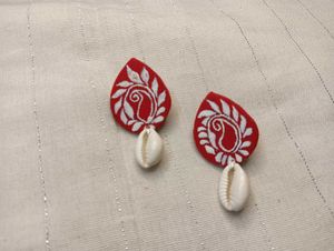 Red Paisley Earrings with Seashell Charm