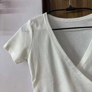 White Ribbed Wrap design Top