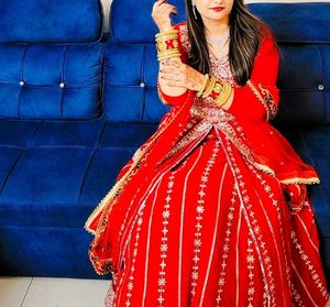 Red Fully Embroidered  Dress With Cancan Skirt