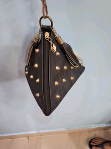 Black Leather Triangular Hand Purse With Gold Beads