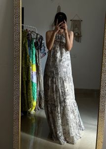 Printed Beige Golden Chiffon Round Neck MAXI