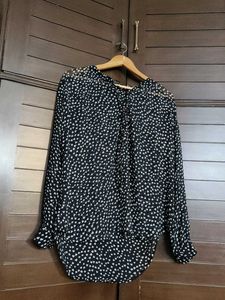 Women Black Heart Print Front Tie Blouse Top