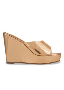 Bronze Snake-Print Platform Wedge Mules
