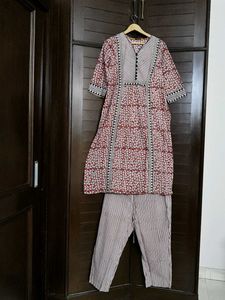 Indubindu Women Printed Red Cotton Kurta Set