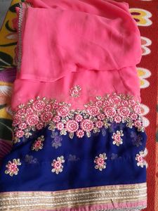 Pink Blue Saree With Stitched Blouse